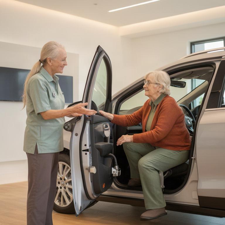 Ergotherapeut bespreekt een aangepaste autodeur met een oudere bestuurder in een rustige showroom